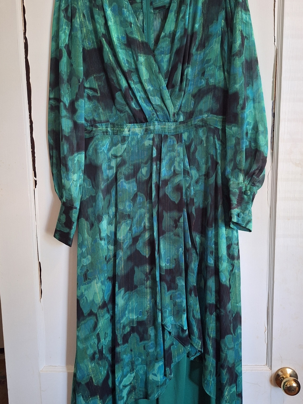 Calvin Klein Emeral Green Floral Chiffon Dress With Metallic Thread Sz 12 NWOT